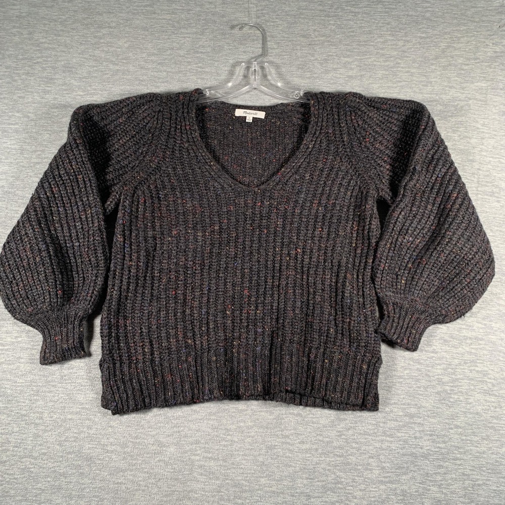 Madewell Sweater Womens Small Gray V Neck‎ Wool Balloon Sleeve Chunky Pullover